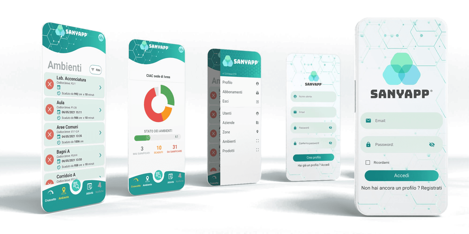 Schermate dell'app Sanyapp: ambienti, cruscotto, menu, profilo e accesso